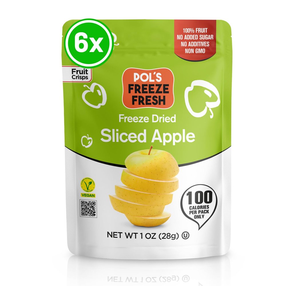 Pols Freeze Fresh - 6 Pack Sliced Freeze Dried Apples (1 Oz Each), Non-GMO, Kosher, No Added Sugar, Gluten-Free, Vegan, Single-Serve Packs