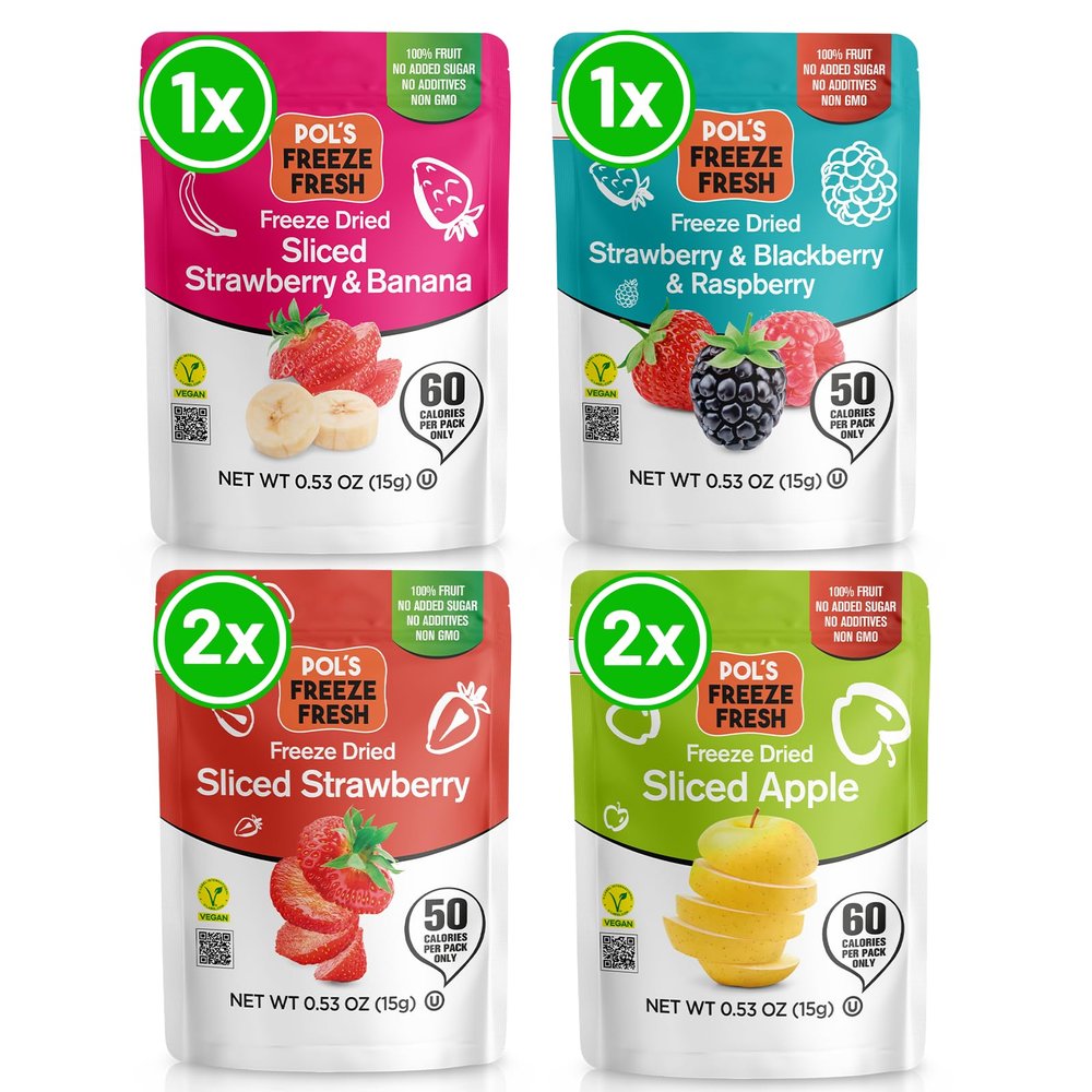 Pols Freeze Fresh - 6 Pack Freeze-Dried Fruit Mix 2x Strawberry, 2x Apple, 1x Strawberry-Banana, 1x Berry Mix (1 Oz Each), No Sugar, Non-GMO, Kosher, Vegan, Gluten-Free