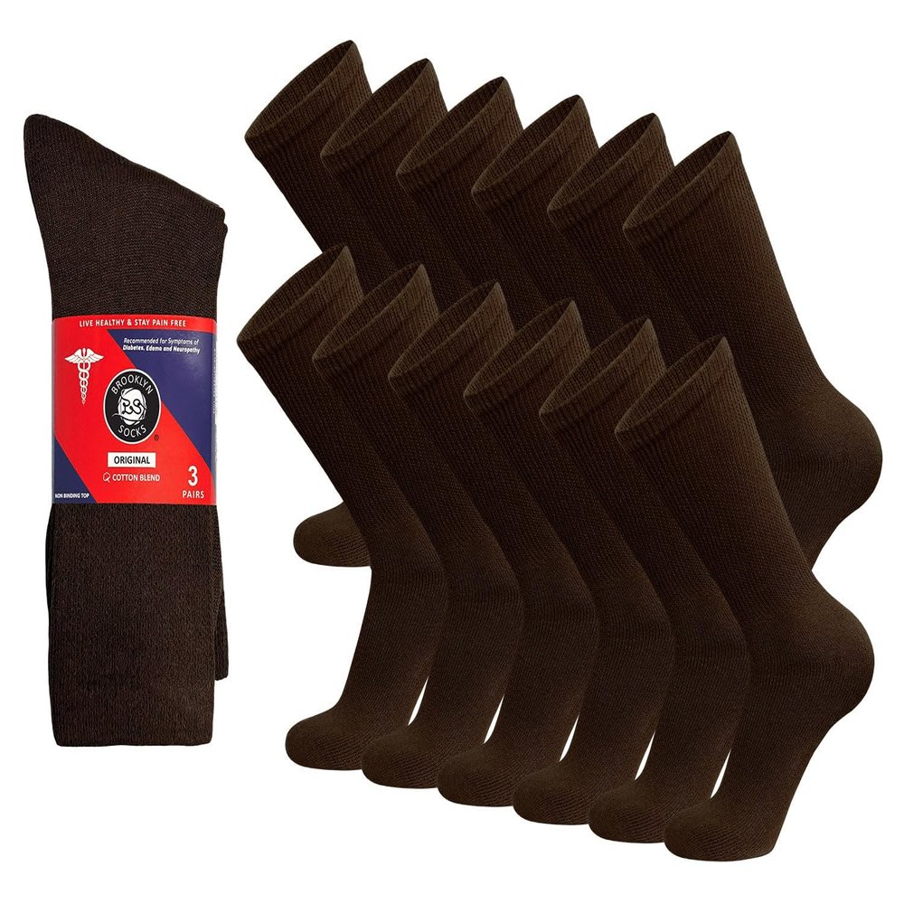 12 Pairs of Cotton Diabetic Non-Binding Neuropathy Crew Socks (Brown - Size 10-13)