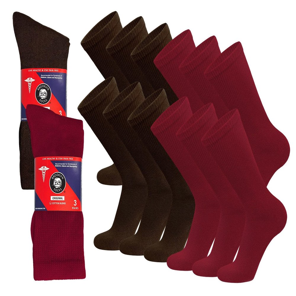 12 Pairs of Cotton Diabetic Non-Binding Neuropathy Crew Socks (Red and Brown - Size 10-13)