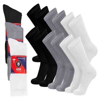 12 Pairs of Cotton Diabetic Non-Binding Neuropathy Crew Socks (Black, White, Grey - Size 13-16)