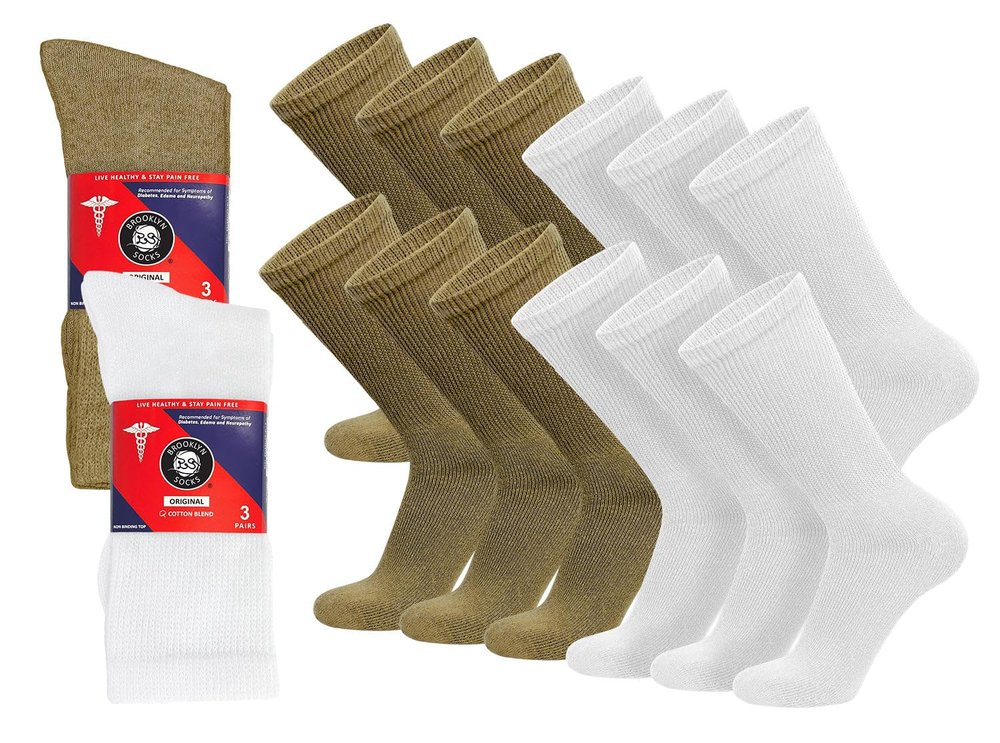 12 Pairs of Cotton Diabetic Non-Binding Neuropathy Crew Socks (White and Khaki - Size 10-13)