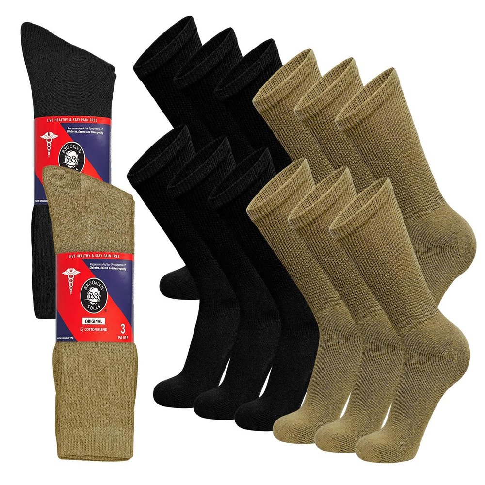 12 Pairs of Cotton Diabetic Non-Binding Neuropathy Crew Socks (Black and Khaki - Size 13-16)