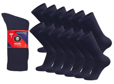 12 Pairs of Cotton Diabetic Non-Binding Neuropathy Crew Socks (Navy - Size 9-11)