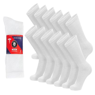 12 Pairs of Cotton Diabetic Non-Binding Neuropathy Crew Socks (White - Size 10-13)