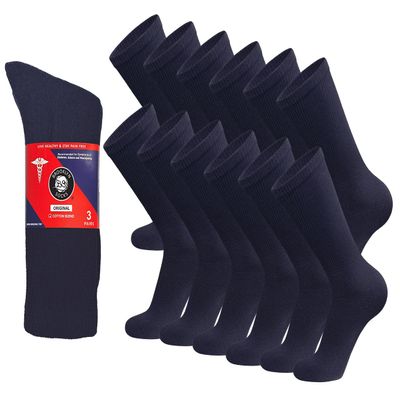 12 Pairs of Cotton Diabetic Non-Binding Neuropathy Crew Socks (Navy - Size 10-13)