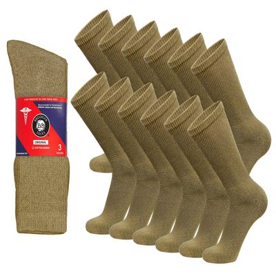 12 Pairs of Cotton Diabetic Non-Binding Neuropathy Crew Socks (Khaki - Size 9-11)