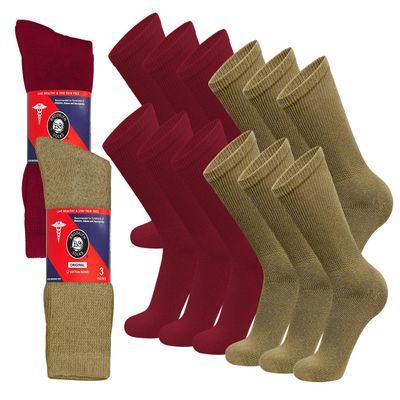 12 Pairs of Cotton Diabetic Non-Binding Neuropathy Crew Socks (Red and Khaki - Size 9-11)