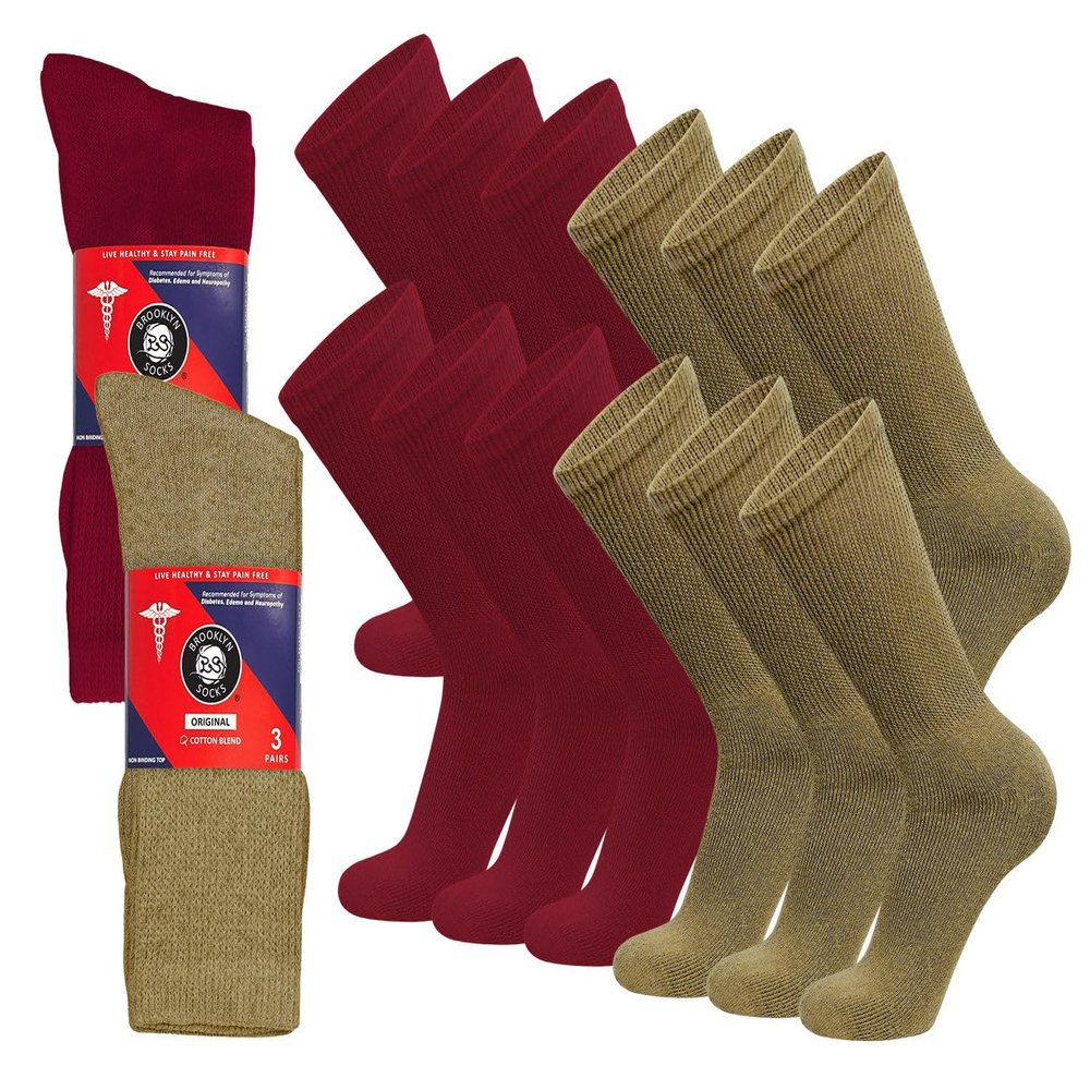 12 Pairs of Cotton Diabetic Non-Binding Neuropathy Crew Socks (Red and Khaki - Size 9-11)