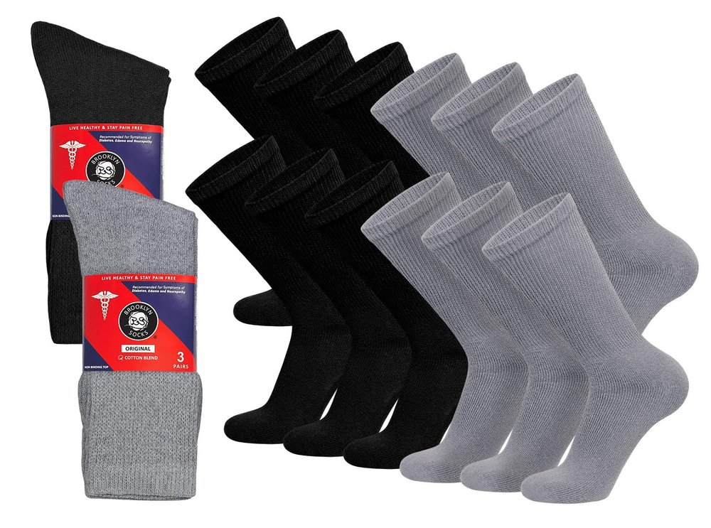12 Pairs of Cotton Diabetic Non-Binding Neuropathy Crew Socks (Black and Gray - Size 9-11)