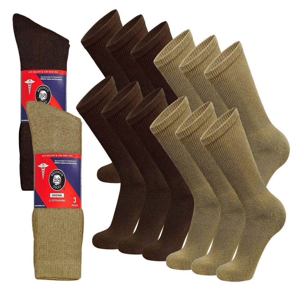 12 Pairs of Cotton Diabetic Non-Binding Neuropathy Crew Socks (Brown and Khaki - Size 10-13)
