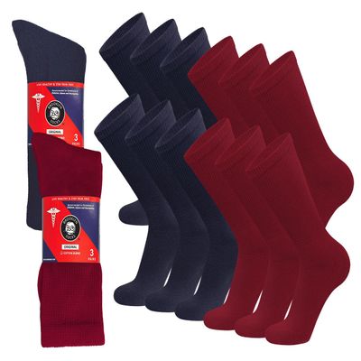 12 Pairs of Cotton Diabetic Non-Binding Neuropathy Crew Socks (Navy and Red - Size 10-13)