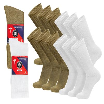12 Pairs of Cotton Diabetic Non-Binding Neuropathy Crew Socks (White and Khaki - Size 9-11)