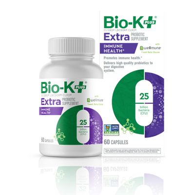 Bio K+ Vegan Probiotics for Immune Health, with Wellmune  Probiotic Supplement to Support Immunity, Maintains Digestive Health, Delayed Release Technology, Gluten Free, 25 Billion CFU  60 Capsules