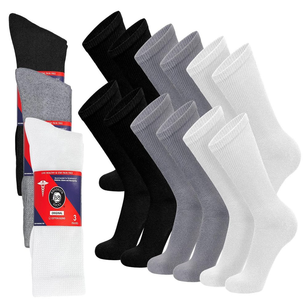 12 Pairs of Cotton Diabetic Non-Binding Neuropathy Crew Socks (Black, White, Grey - Size 9-11)