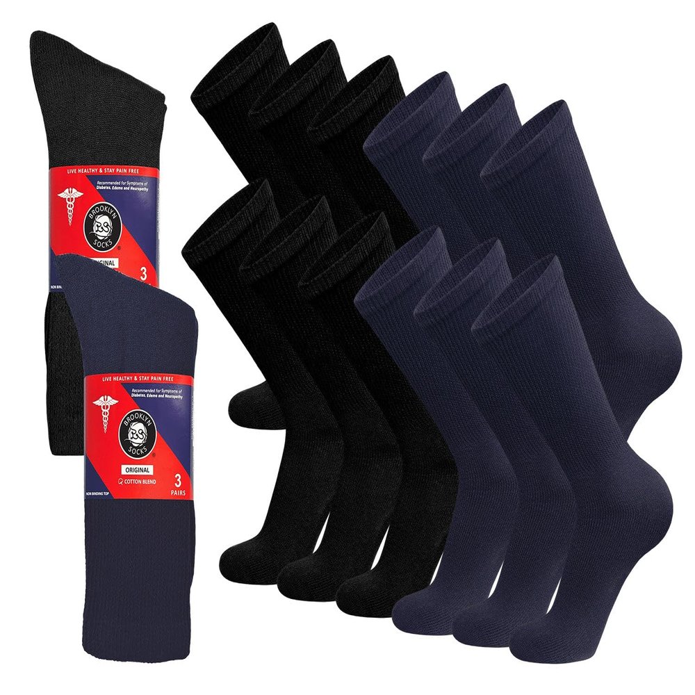 12 Pairs of Cotton Diabetic Non-Binding Neuropathy Crew Socks (Black and Navy - Size 13-16)