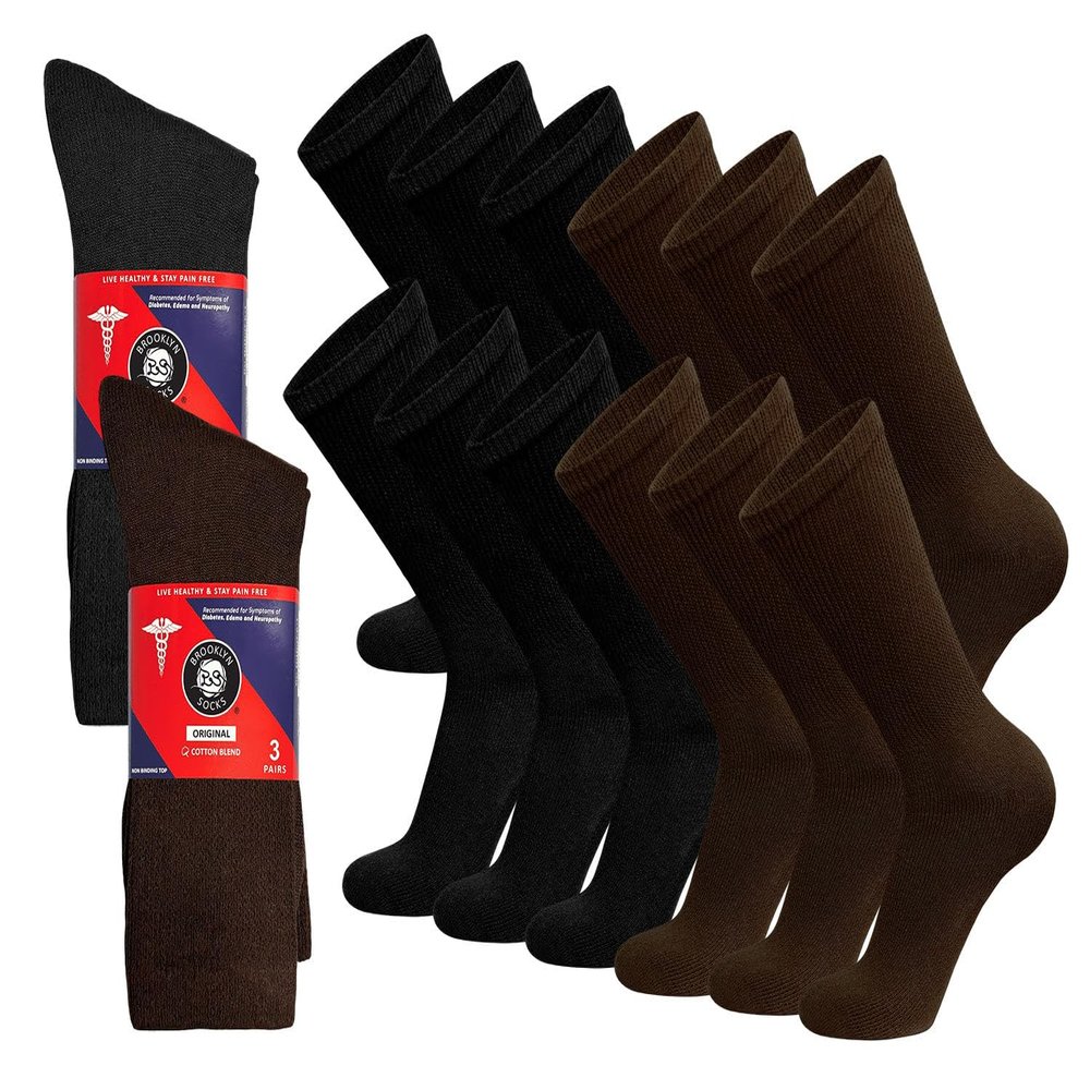 12 Pairs of Cotton Diabetic Non-Binding Neuropathy Crew Socks (Black and Brown - Size 13-16)