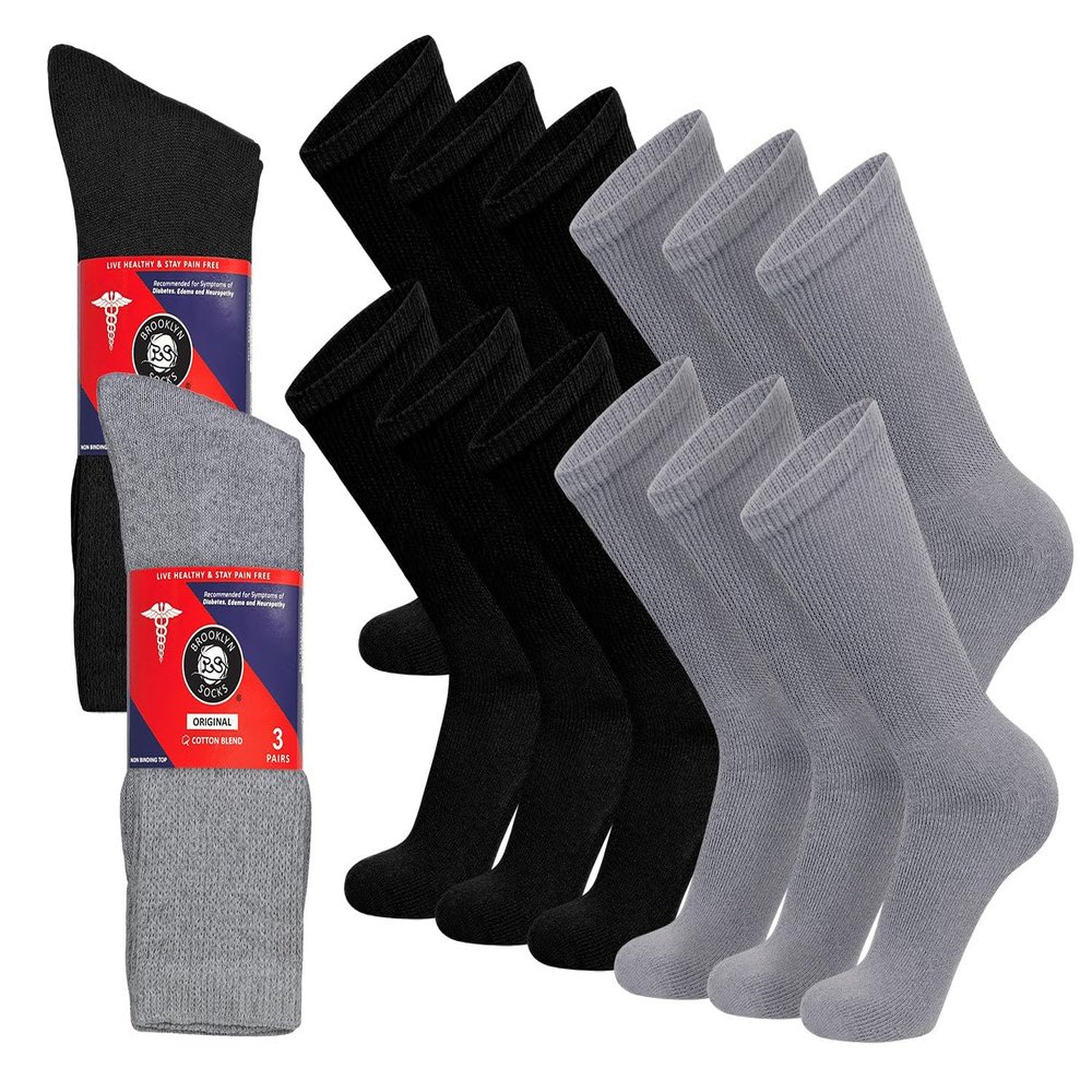 12 Pairs of Cotton Diabetic Non-Binding Neuropathy Crew Socks (Black and Gray - Size 13-16)