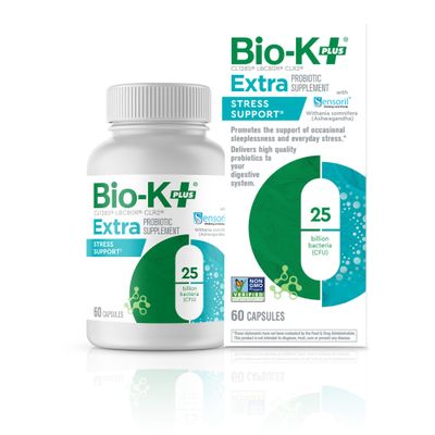 Bio K+ Extra Stress Support with Sensoril - Ashwagandha  Vegan Probiotics Supplement for Everyday Stress, Supports Sleep - 25 Billion CFU 3 Strains  60 Capsules