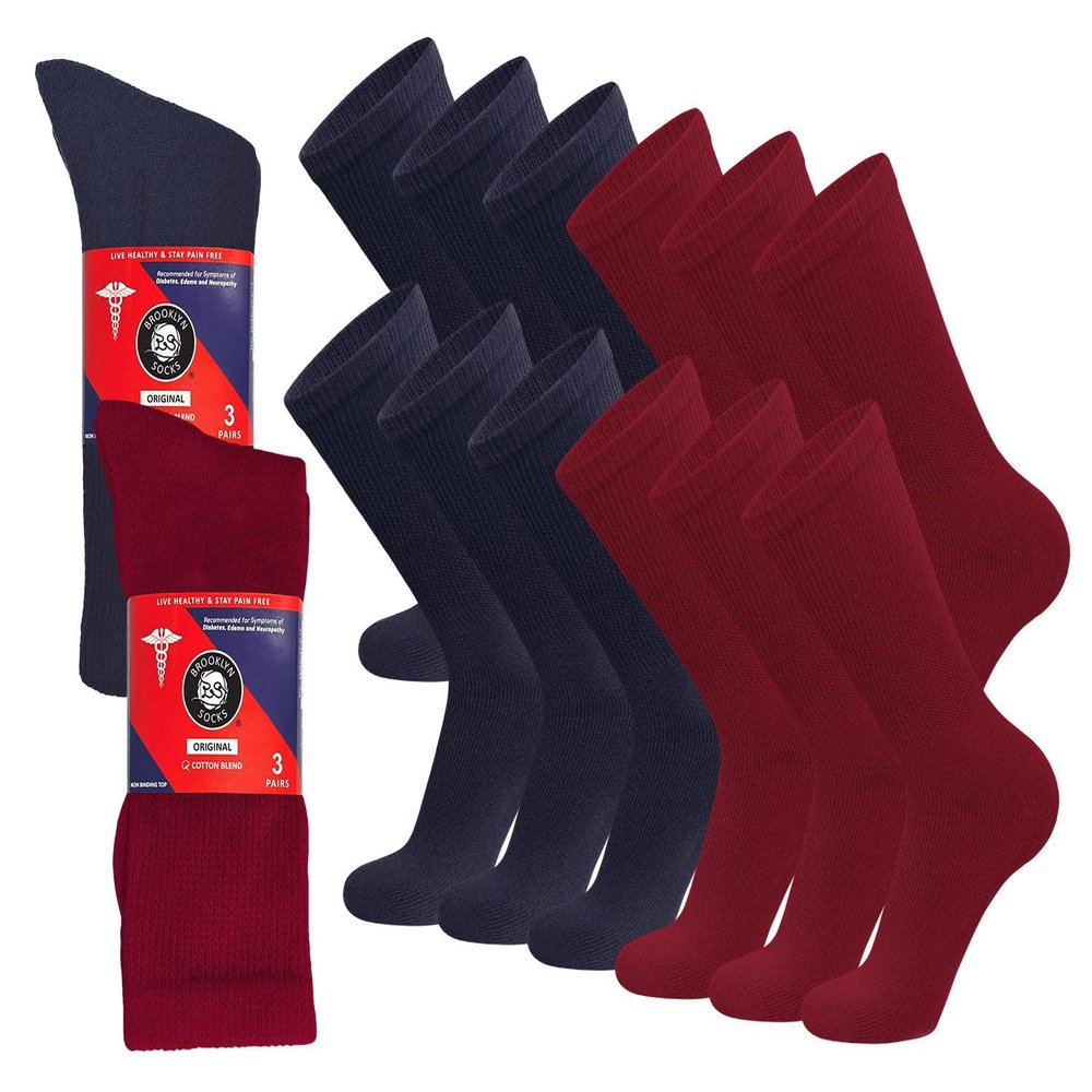 12 Pairs of Cotton Diabetic Non-Binding Neuropathy Crew Socks (Navy and Red - Size 13-16)