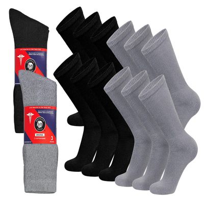 12 Pairs of Cotton Diabetic Non-Binding Neuropathy Crew Socks (Black and Gray - Size 10-13)