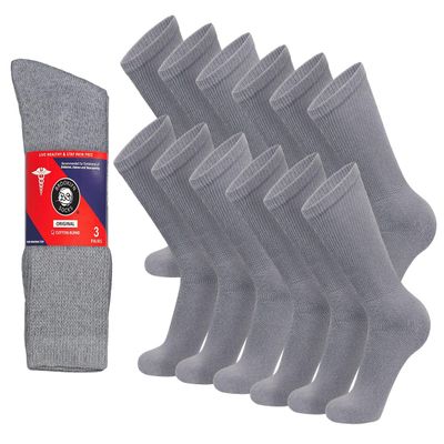 12 Pairs of Cotton Diabetic Non-Binding Neuropathy Crew Socks (Grey - Size 13-16)