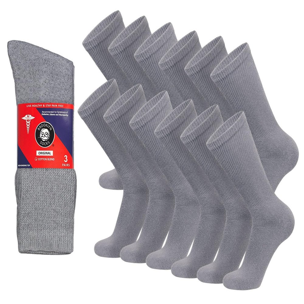 12 Pairs of Cotton Diabetic Non-Binding Neuropathy Crew Socks (Grey - Size 13-16)