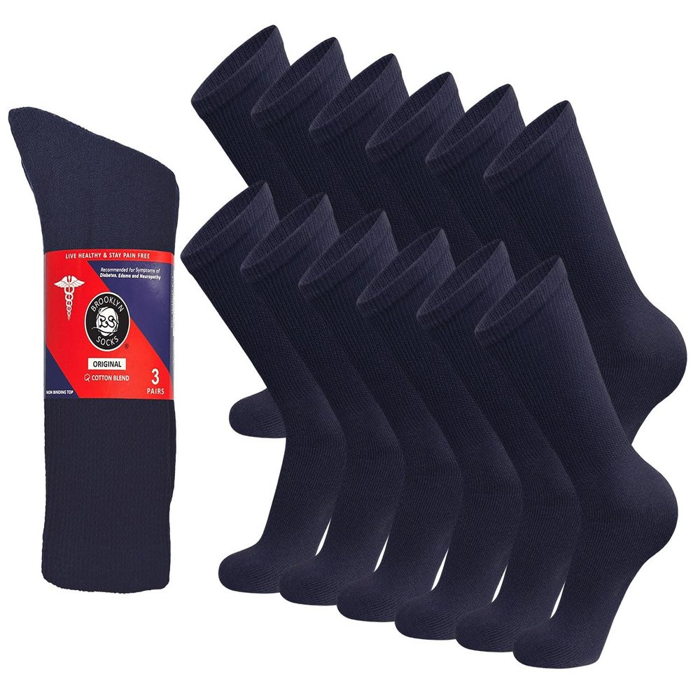 12 Pairs of Cotton Diabetic Non-Binding Neuropathy Crew Socks (Navy - Size 13-16)
