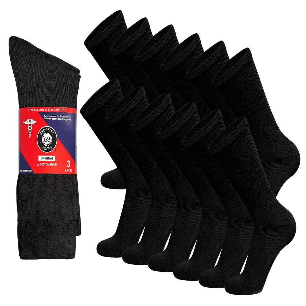 12 Pairs of Cotton Diabetic Non-Binding Neuropathy Crew Socks (Black - Size 13-16)