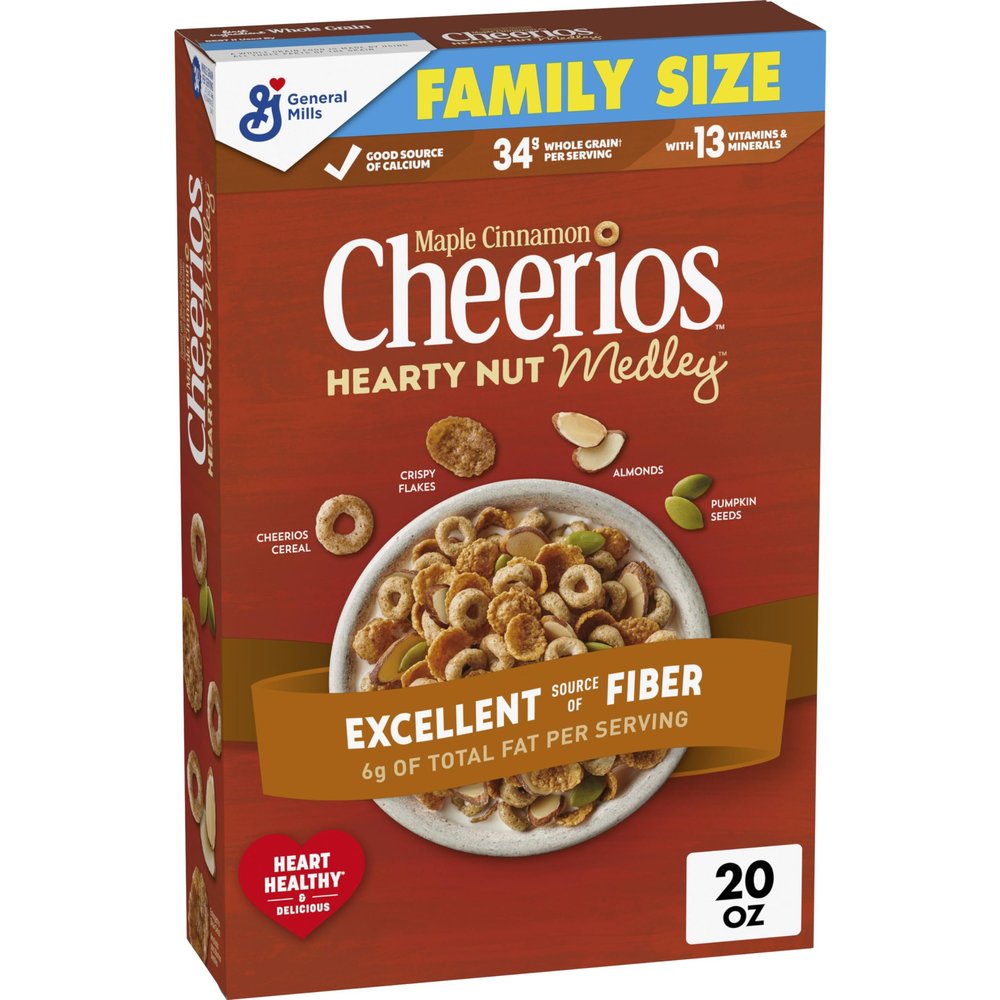Cheerios Hearty Nut Medley Breakfast Cereal, Maple Cinnamon, Made with Whole Grain, Family Size, 20 oz