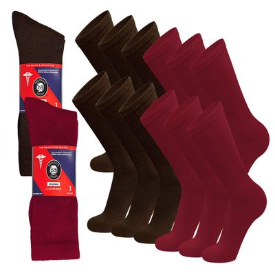 12 Pairs of Cotton Diabetic Non-Binding Neuropathy Crew Socks (Red and Brown - Size 9-11)