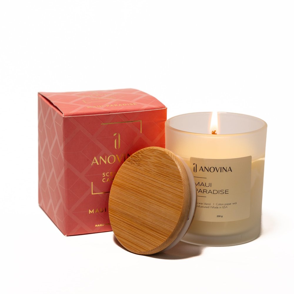 Anovina Maui Paradise Hawaii Candle for Home Scented  Hawaiian Gifts for Women  Natural Soy Wax Blend, 60 Hours Burn  Notes of Persimmon, Papaya, Pikake, and Jasmine