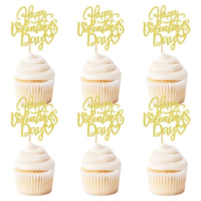 Keaziu 24 Pack Happy Valentines Day Cupcake Toppers Gold Valentine's Day Picks for Cake Decorations Valentine's Wedding Party Holiday Supplies Gold 3