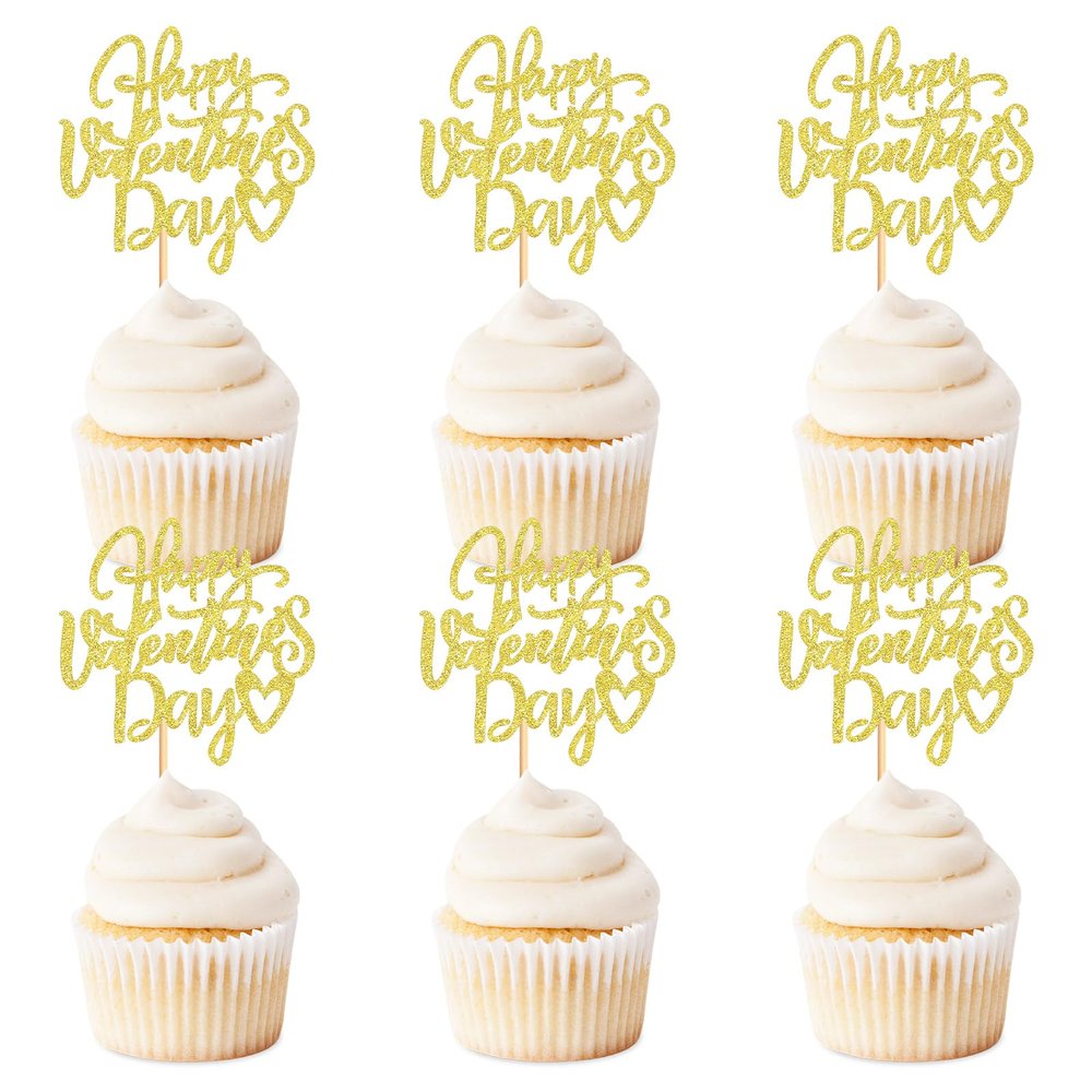 Keaziu 24 Pack Happy Valentines Day Cupcake Toppers Gold Valentine's Day Picks for Cake Decorations Valentine's Wedding Party Holiday Supplies Gold 3