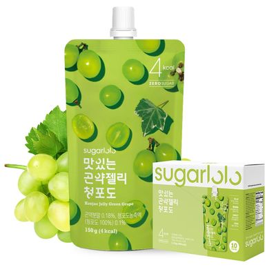 Sugarlolo Konjac Sweet Green Grape Jelly Snack - Vegan Jello with Zero Sugar | Only 4 Calories per Pouch | Low Calorie Korean Snacks5.29 Oz (150g) | 10 Pack