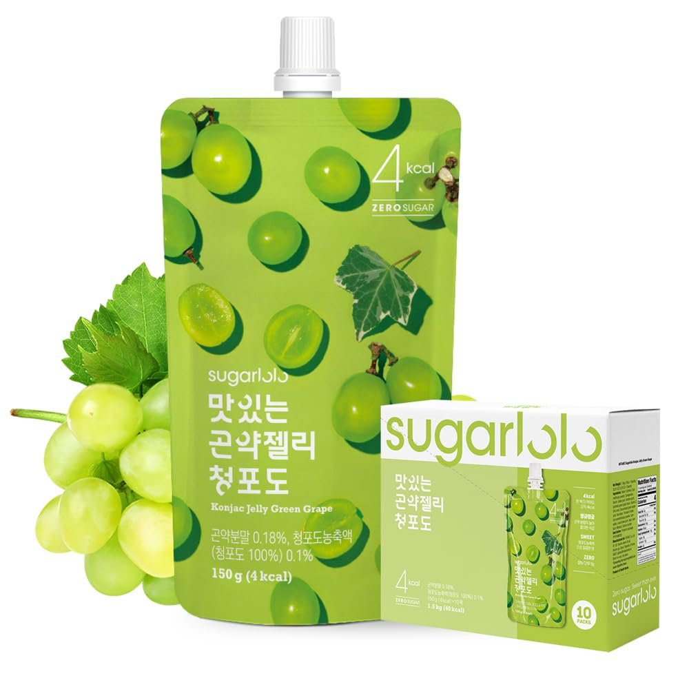 Sugarlolo Konjac Sweet Green Grape Jelly Snack - Vegan Jello with Zero Sugar | Only 4 Calories per Pouch | Low Calorie Korean Snacks5.29 Oz (150g) | 10 Pack