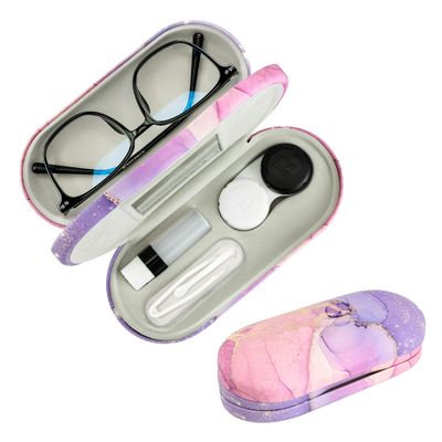 Zettokete 2 in 1 Contact Lens and Glasses Case,Double Sided Dual Use Design with Mirror, Tweezer and Contact Lens Solution Bottle,Portable Soak Storage Kit for Travel,Office(Pink & Purple Marble)
