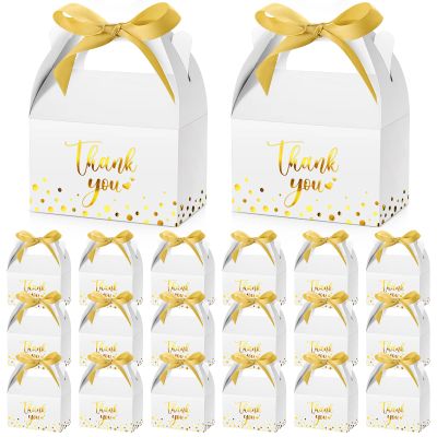 Engrowtic 50 Pcs Thank You Paper Boxes Ribbon Gift Treat Boxes with Handles 5.9 x 3.5 x 3.5 Inch Gold Foil Print for Graduation Wedding Baby Shower Holiday Party(White)