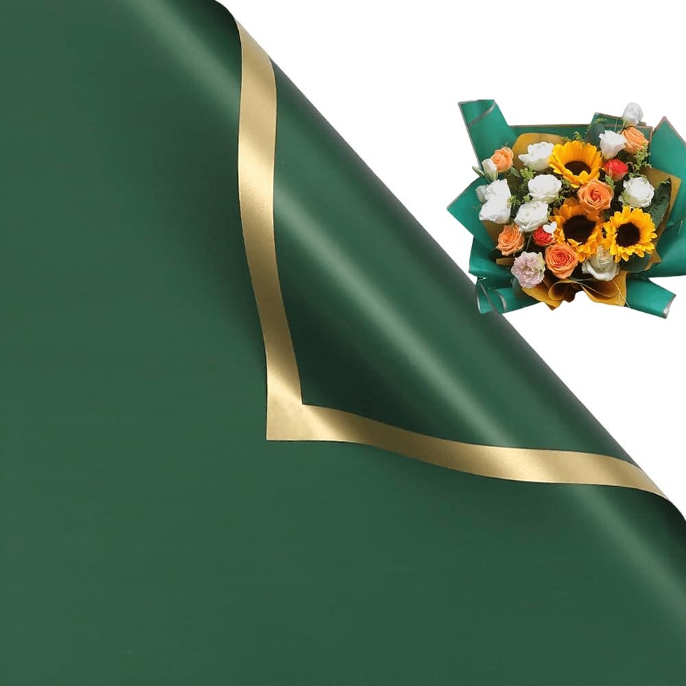 20 Counts Gold Edge Fresh Flowers Wrapping Paper,DIY CraftsGift Packaging or Gift Box Packaging,Waterproof Flower Wrapping paper 22.8X22.8 inches Florist Bouquet Supplies,Gold Edge (Retro Green)