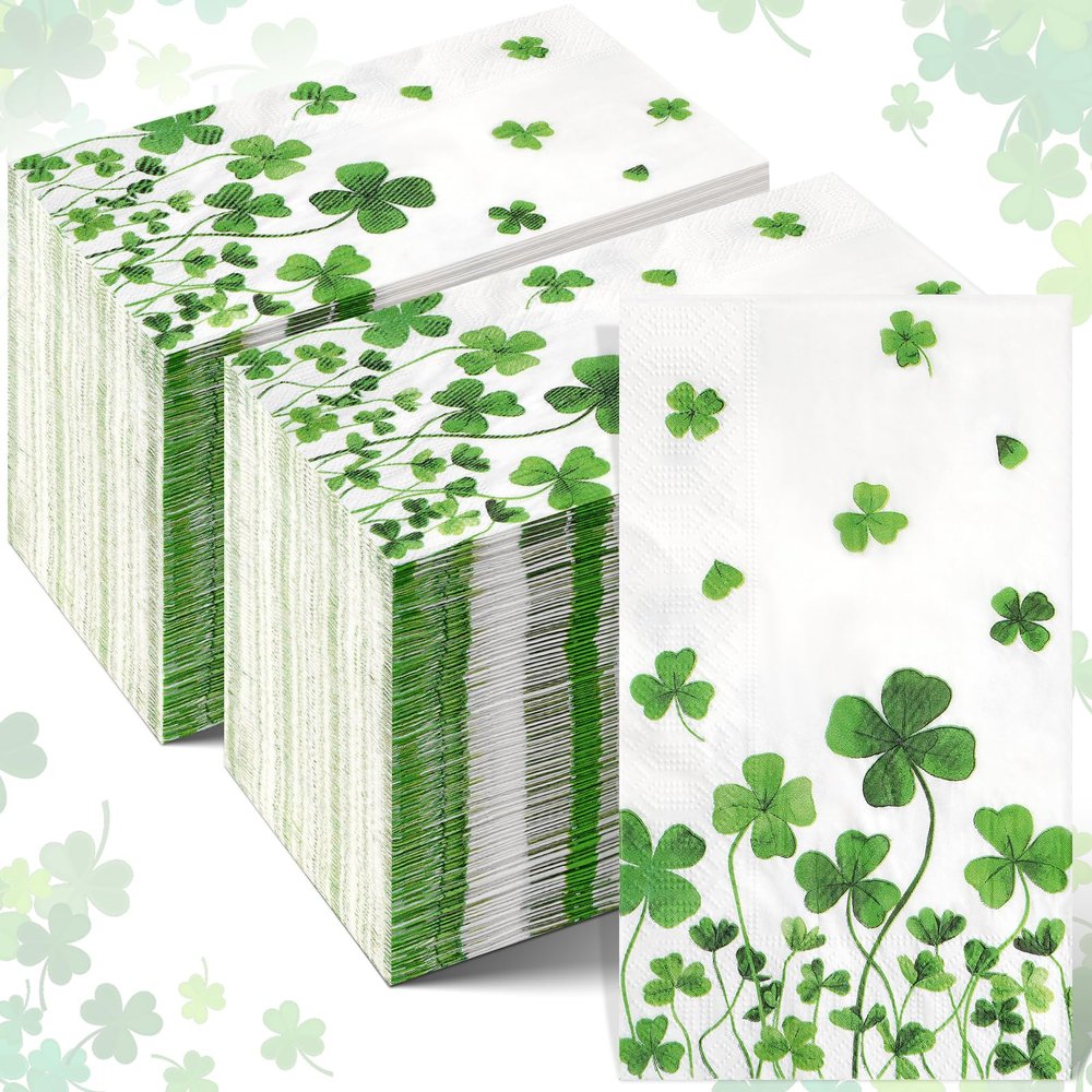 200Pcs St. Patrick's Day Napkins Decorations,Disposable Irish Shamrock Green Lucky Clover Paper Dinner Hand Towel Napkins for Spring Home Bathroom Wedding Holiday Birthday St. Patrick's Party Supplies