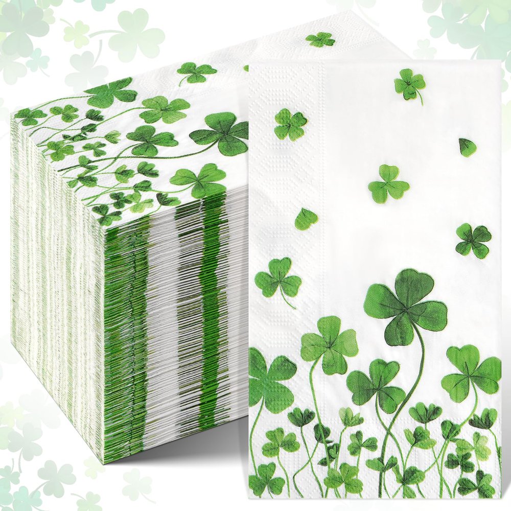 100Pcs St. Patrick's Day Napkins Decorations,Disposable Irish Shamrock Green Lucky Clover Paper Dinner Hand Towel Napkins for Spring Home Bathroom Wedding Holiday Birthday St. Patrick's Party Supplies