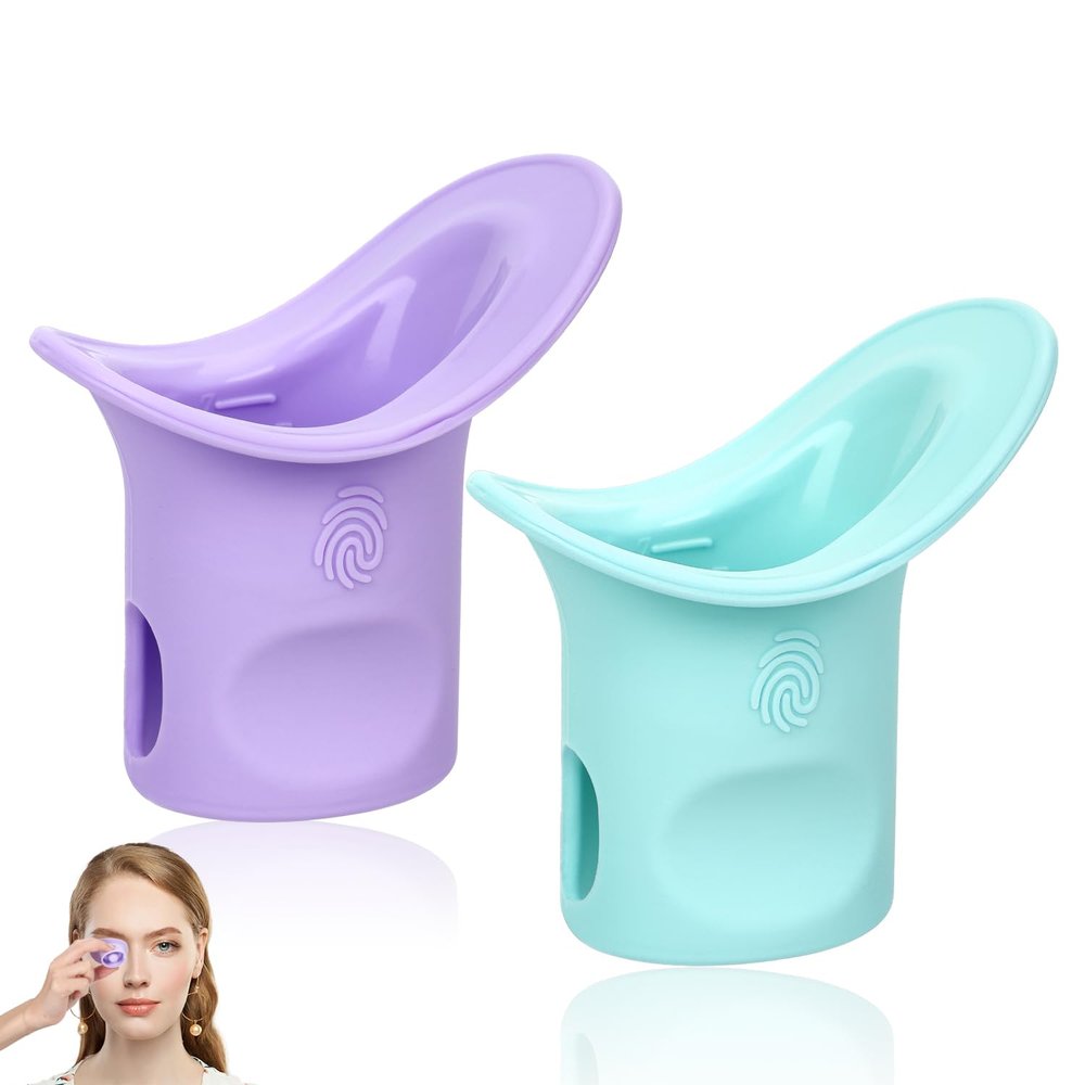 2pcs Eye Wash Cup, Hanging Silicone Eye Rinse Cup Portable Eye Flush Cup Reusable Eye Washer Cleaning Tool for Remove Dust Makeup Residue (Green, Purple)
