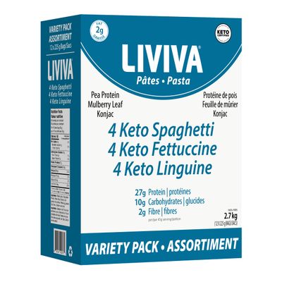 LIVIVA High Protein Low Carb KETO Pasta Variety Value Pack (Case of 12: 4 X Linguine, 4 X Spaghetti, 4 X Fettuccine), 371% more Protein, 70% Less Carbs - Made with Pea Protein, Mulberry Leaf and