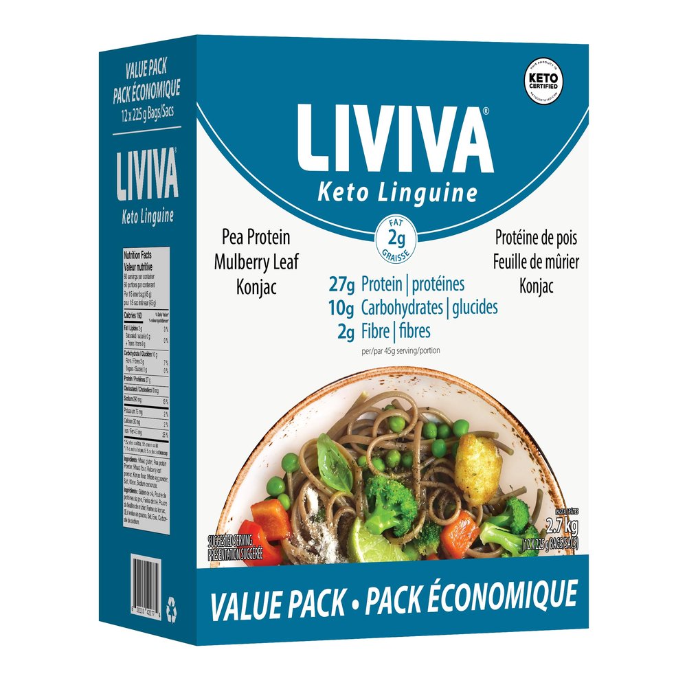 LIVIVA Low Carb High Protein KETO Value Pack Shirataki Pasta  135 g Protein per Box with Pea Protein & Konjac Flour - 8g Net Carbs, Diabetic-Friendly - Healthy Al Dente Pasta (12 Pack, Linguine Pasta)