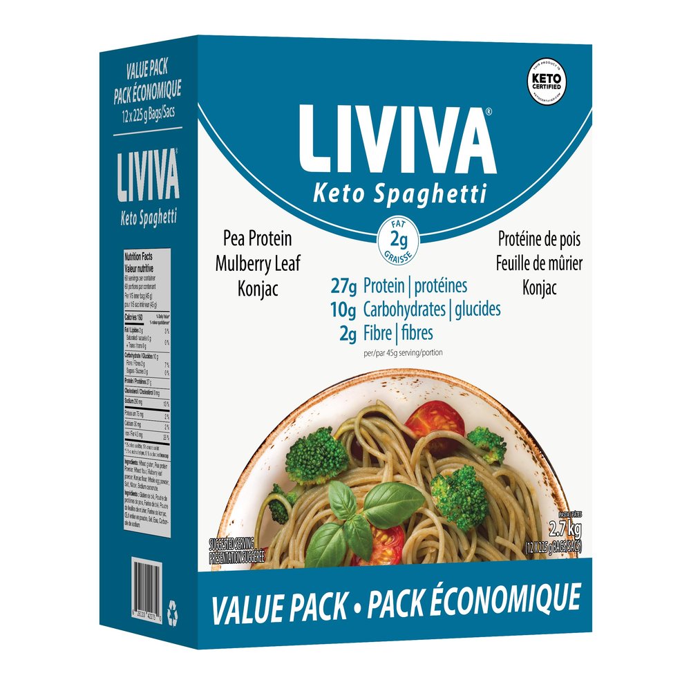 LIVIVA Low Carb High Protein KETO Value Pack Shirataki Pasta  135 g Protein per Box with Pea Protein & Konjac Flour - 8g Net Carbs, Diabetic-Friendly - Healthy Al Dente Pasta (12 Pack, Spaghetti Pasta)