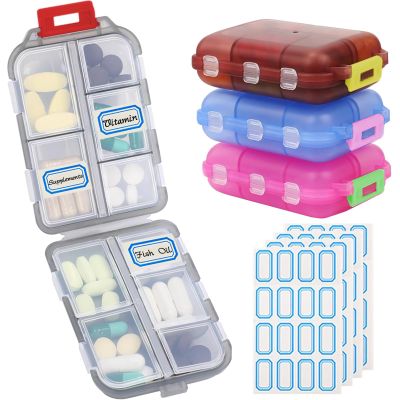 4PCS Travel Pill Organizer Portable Pocket Pill Case Small Pill Box for Purse Medicine Organizer Have 10 Compartments Storage Vitamin Fish Oil by INVODA (4 Pack+Lables)
