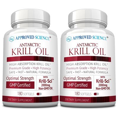Approved Science Krill Oil - 2000mg Antarctic Krill Oil, 650mcg Astaxanthin - 260mg EPA, 160mg DHA - 180 Softgels - Pack of 2