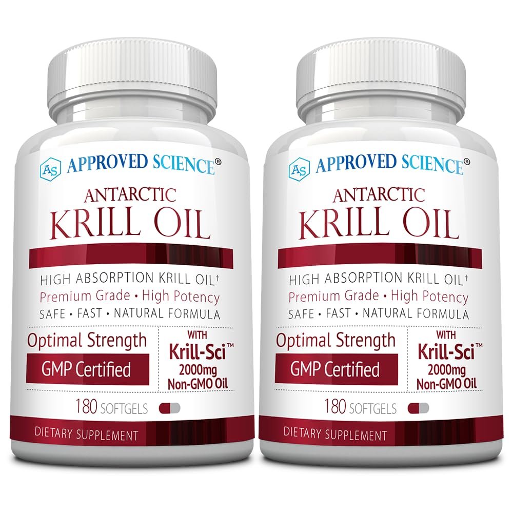 Approved Science Krill Oil - 2000mg Antarctic Krill Oil, 650mcg Astaxanthin - 260mg EPA, 160mg DHA - 180 Softgels - Pack of 2