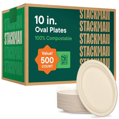 100% Compostable Oval Paper Plates 10 inch [500-Bulk Pack] - (PFAS-Free) - (BPI Certified) Heavy Duty, Eco-Friendly, Biodegradable Bagasse Dinner Plates - Natural Brown 10" Plate