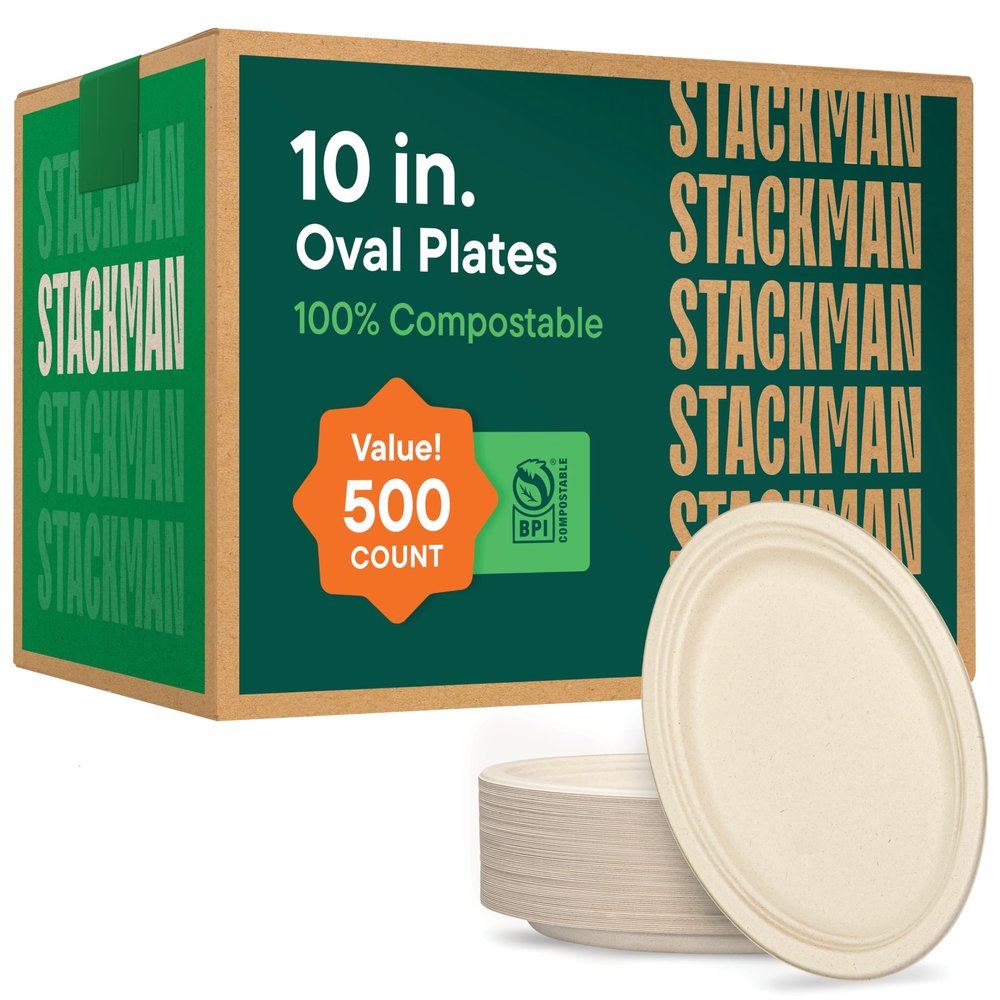 100% Compostable Oval Paper Plates 10 inch [500-Bulk Pack] - (PFAS-Free) - (BPI Certified) Heavy Duty, Eco-Friendly, Biodegradable Bagasse Dinner Plates - Natural Brown 10" Plate